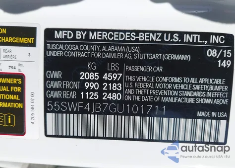 2016 Mercedes-Benz C 300 from USA, damaged, VIN 55SWF4JB7GU101711